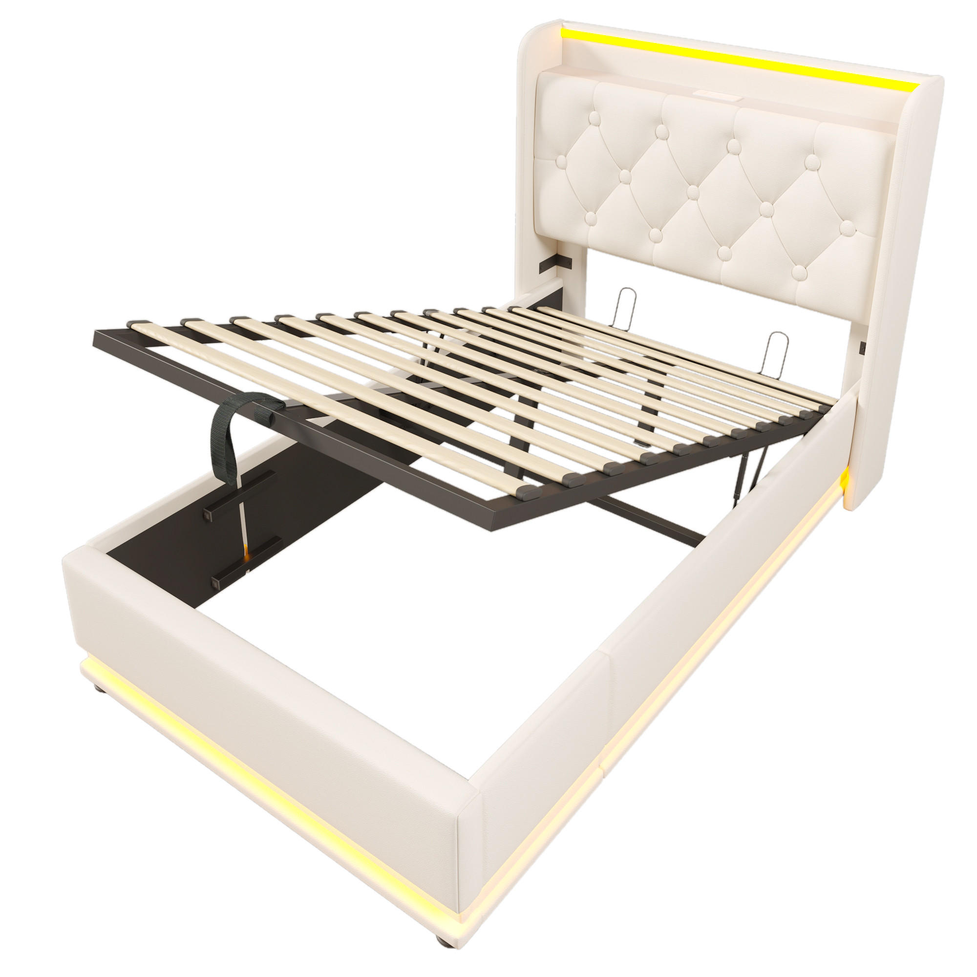 POLSTERBETT 90x200cm Einzelbett 360° LED USB-C Hydraulik Weiß PU - Weiß, Holz (90/200cm) - FLIEKS