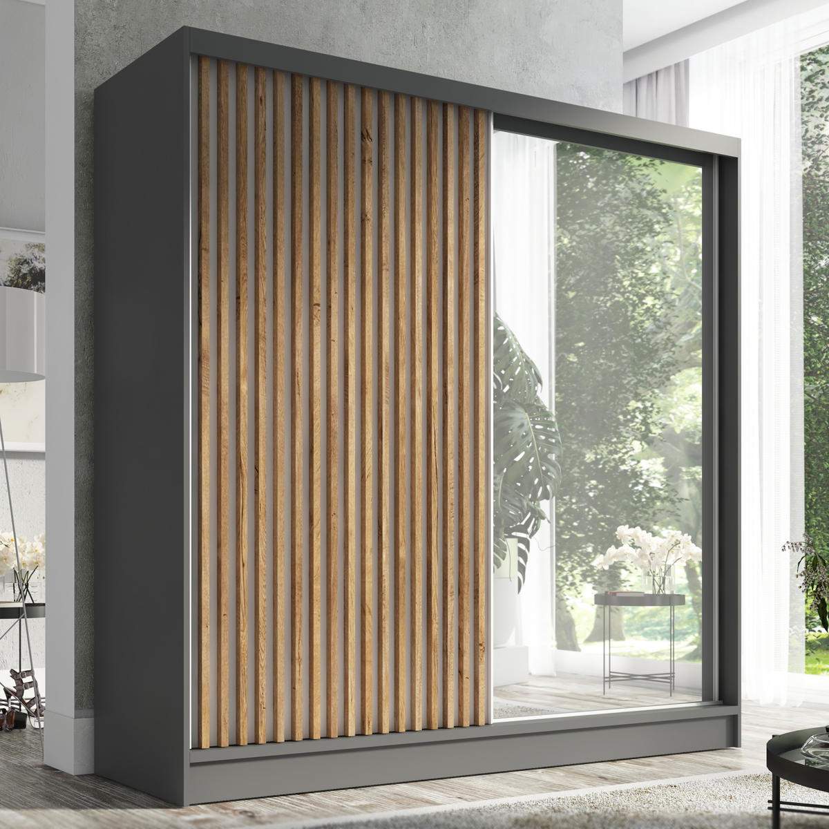 SCHWEBETÜRENSCHRANK 200 CM LINA Farbe: Graphit - Graphitfarben, Holzwerkstoff (200/215/60cm) - A&J MöbelLand