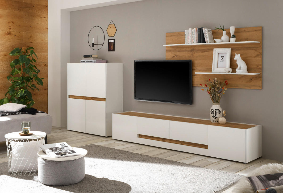 WOHNWAND weiß, Eiche Wotan 3-teilig 343 cm, Schrankwand mit viel Stauraum - Eiche Wotan/Schwarz, Holz/Holzwerkstoff (360/180/45cm) - Furn.Design