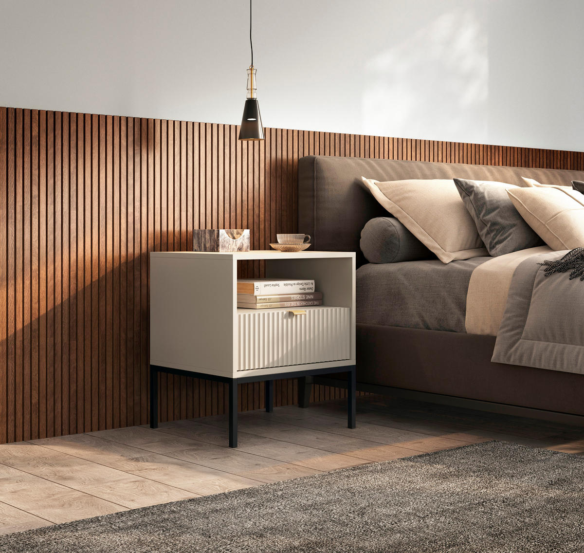 NACHTTISCH NANAIMO STO2-1S Profilierte Fronten, Kaschmir - Kaschmir, Holzwerkstoff/Kunststoff (54/56/39cm) - Komodee