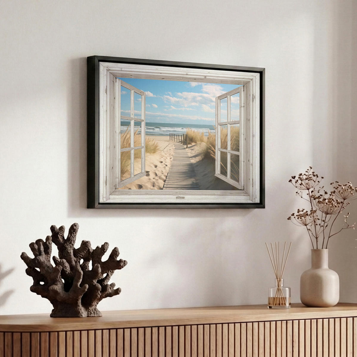 LEINWAND Bilder mit Rahmen - Fenster - Meer - Küste - Natur - Ausblick - Strand - Wattenmeer - 30x20 - Beige, Textil (30/20cm) - MuchoWow