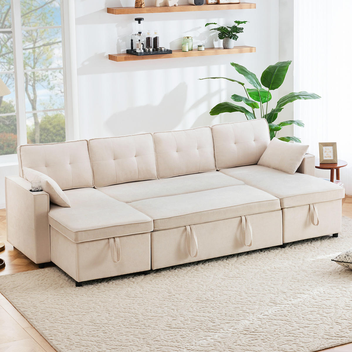 SCHLAFSOFA U-Form mit Getränkehalter und Stauraum - Beige, Textil (270/86/130cm)