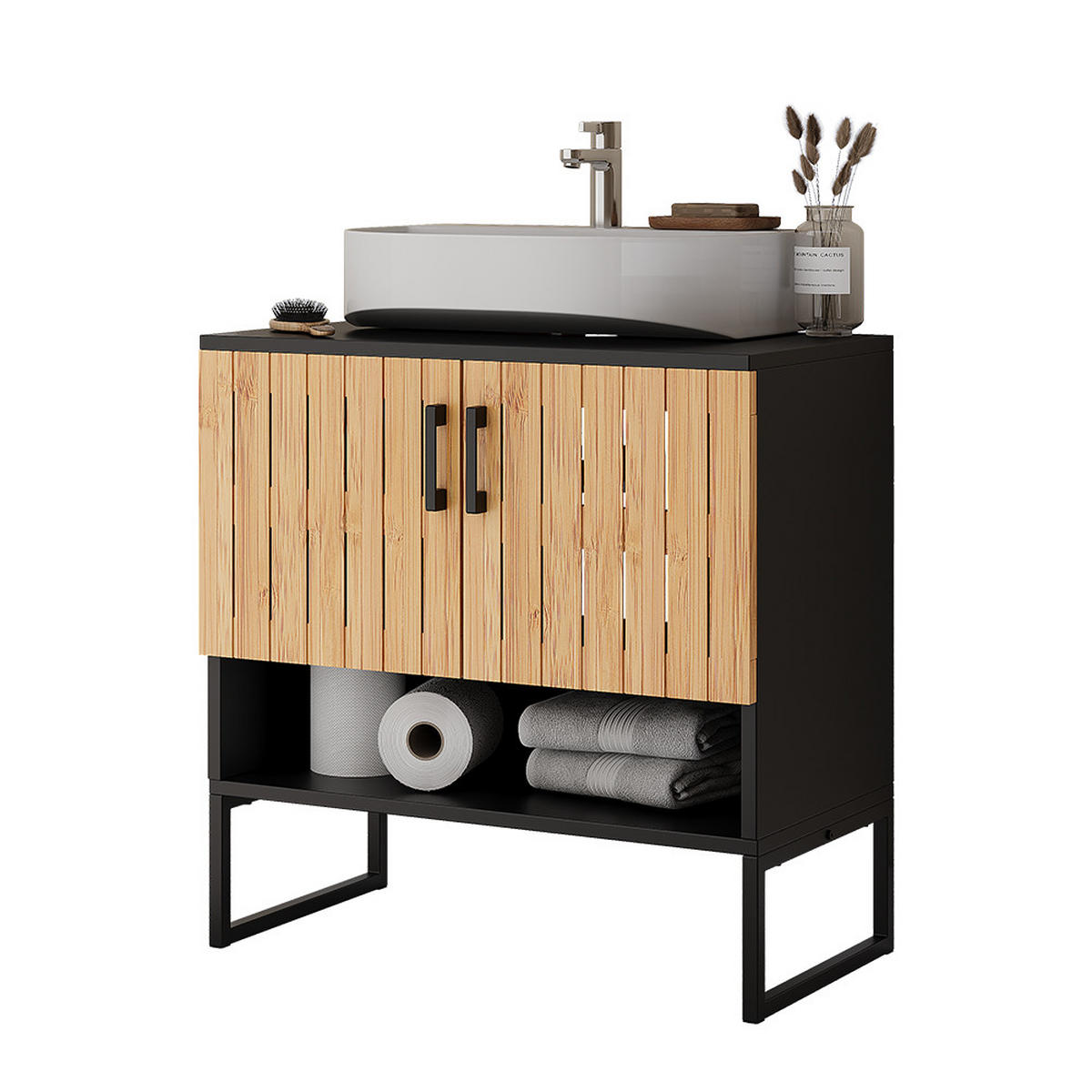 WASCHBECKENUNTERSCHRANK Vayra Bambus 60 x 65.5 cm - Schwarz/Grün, Holzwerkstoff (60/65.5/33cm) - Vicco