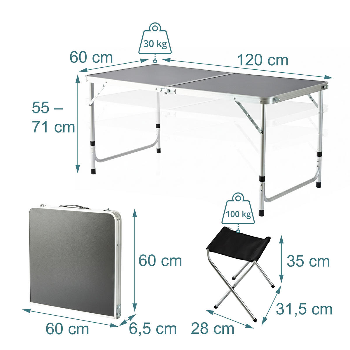 CAMPINGTISCH-SET - Schwarz, Holzwerkstoff/Textil (60/120/71cm) - Relaxdays