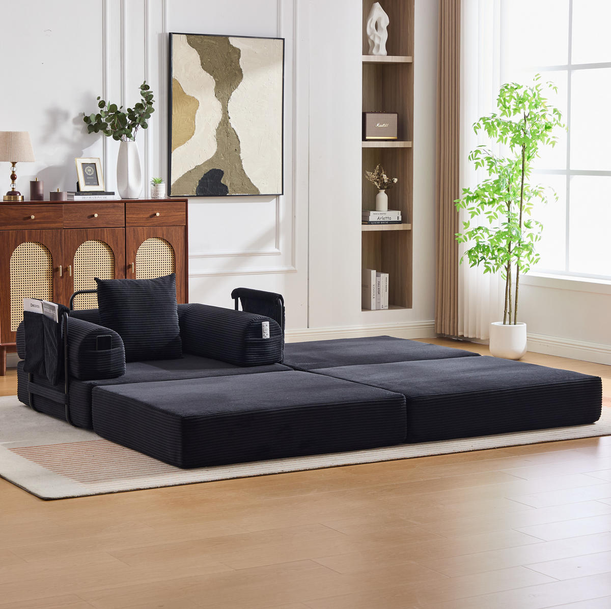 SESSEL mit Hocker 112/190/67 cm frei kombinierbar, Cordbezug, ergonomisch und montagefrei, Schwarz - Schwarz, Textil (190/67/112cm) - Redom