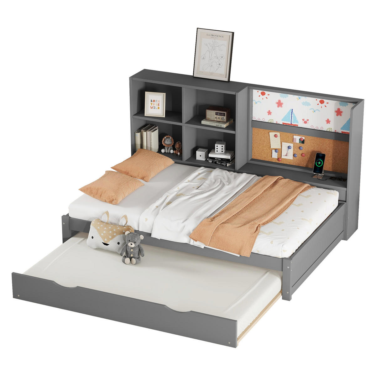BETT 90/200cm mit ausziehbarem Rollbett und USB-Ladeanschluss Grau - Grau, Holzwerkstoff (90/200cm) - OKWISH