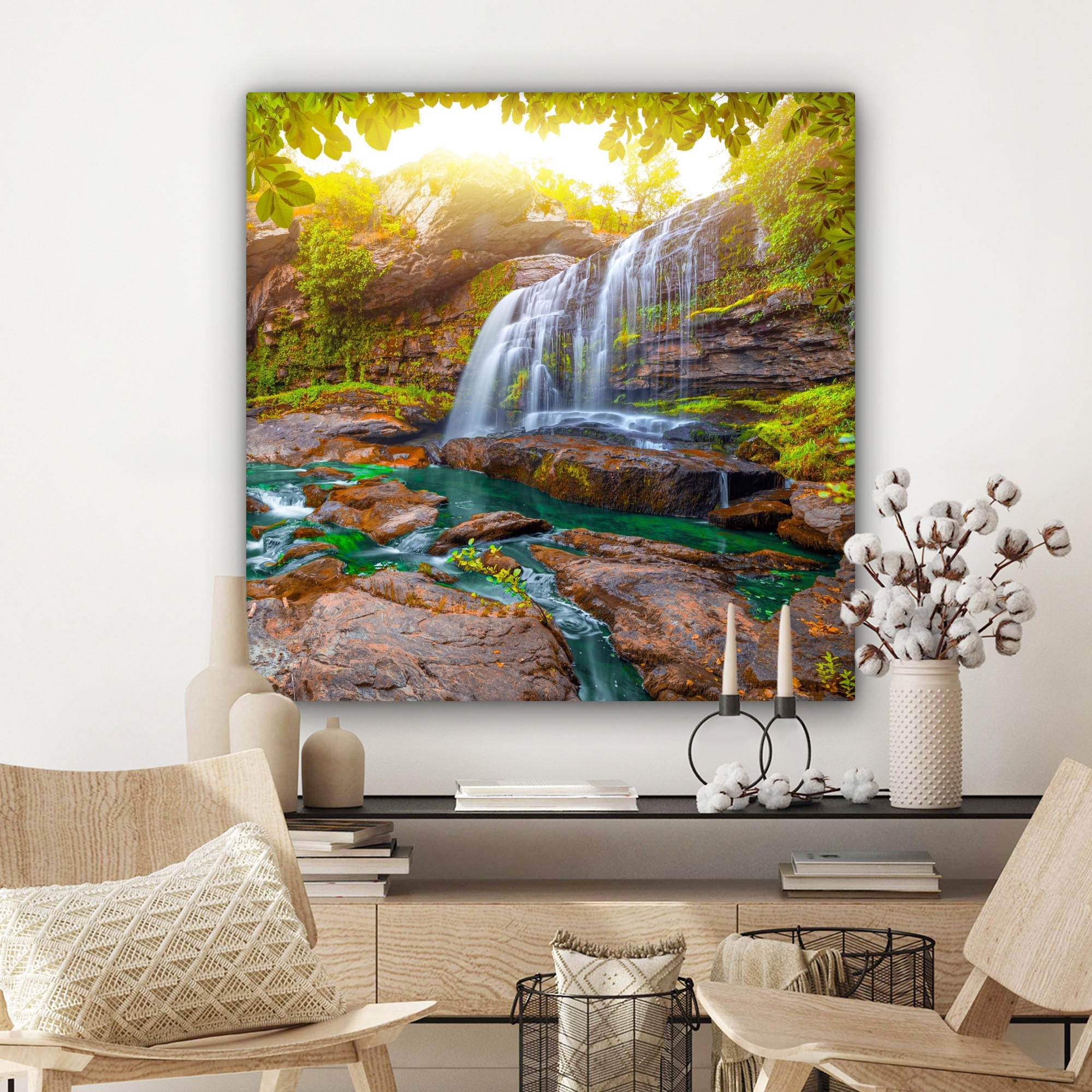 LEINWANDBILD Natur - Wasserfall - Pflanzen - Bäume - Sonne 90x90 cm - Olivgrün, Textil (90/90cm) - MuchoWow