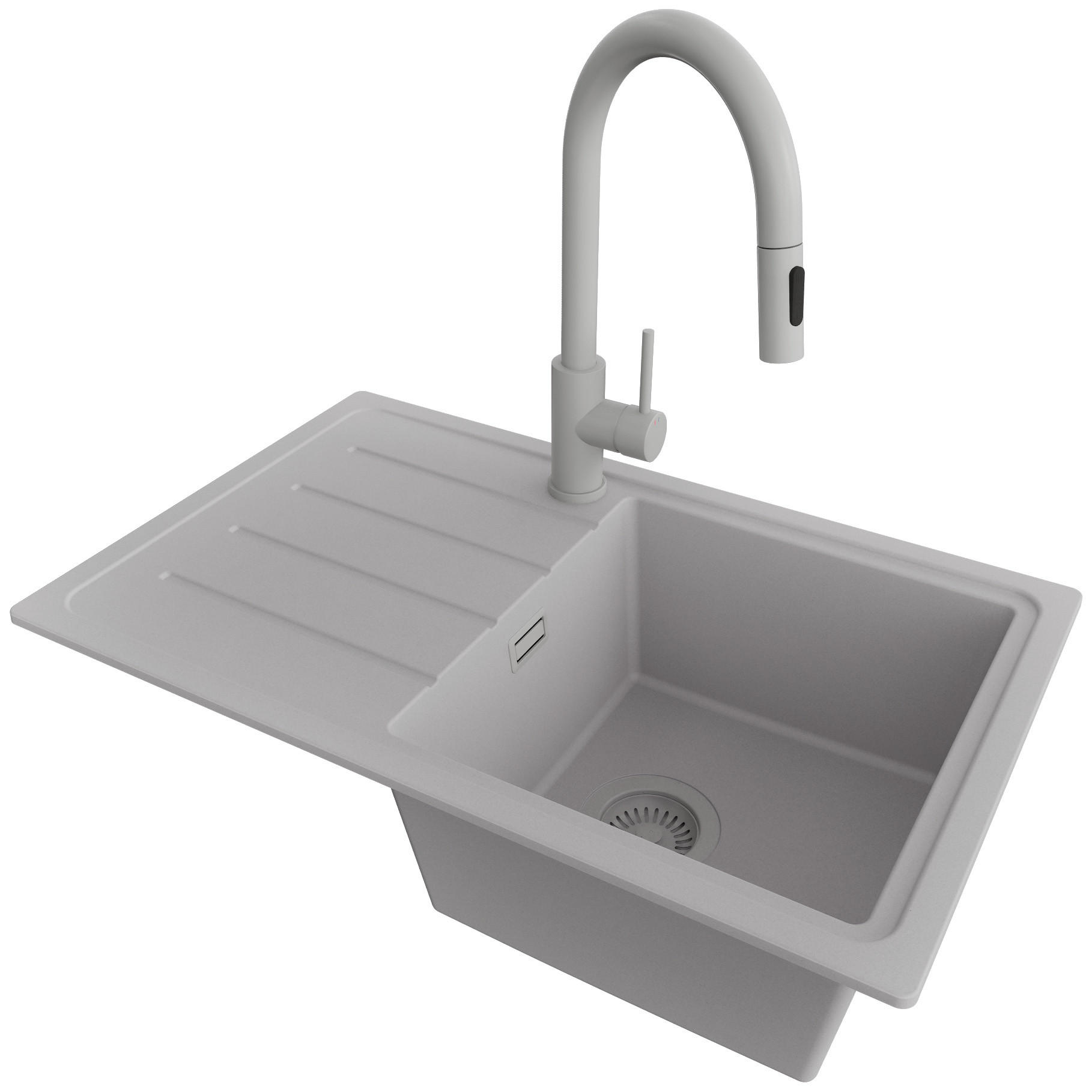 GRANITSPÜLE Kopenhagen Easy, 2-er set Grau 70/44 cm 1 Becken + Küchenarmatur 40/20 cm + Ablauf-Set ab 45er Unterschrank - Grau, Kunststoff (70/20/44cm) - Primagran