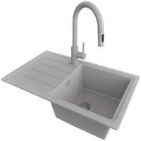GRANITSPÜLE Kopenhagen Easy, 2-er set Grau 70/44 cm 1 Becken + Küchenarmatur 40/20 cm + Ablauf-Set ab 45er Unterschrank - Grau, Kunststoff (70/20/44cm) - Primagran