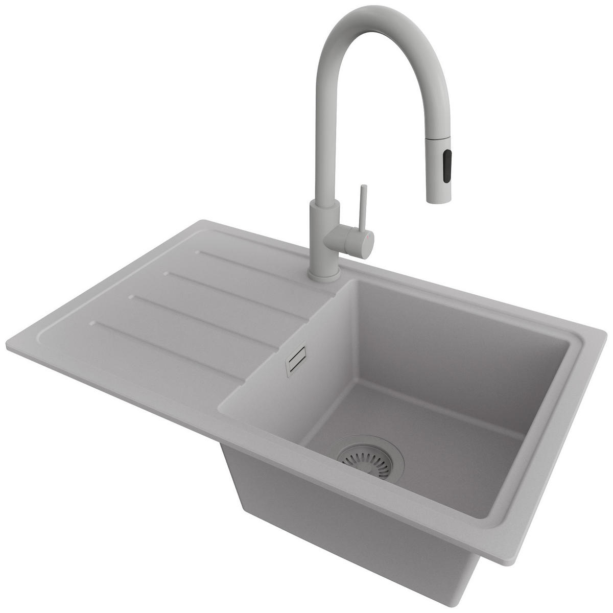 GRANITSPÜLE Kopenhagen Easy, 2-er set Grau 70/44 cm 1 Becken + Küchenarmatur 40/20 cm + Ablauf-Set ab 45er Unterschrank - Grau, Kunststoff (70/20/44cm) - Primagran