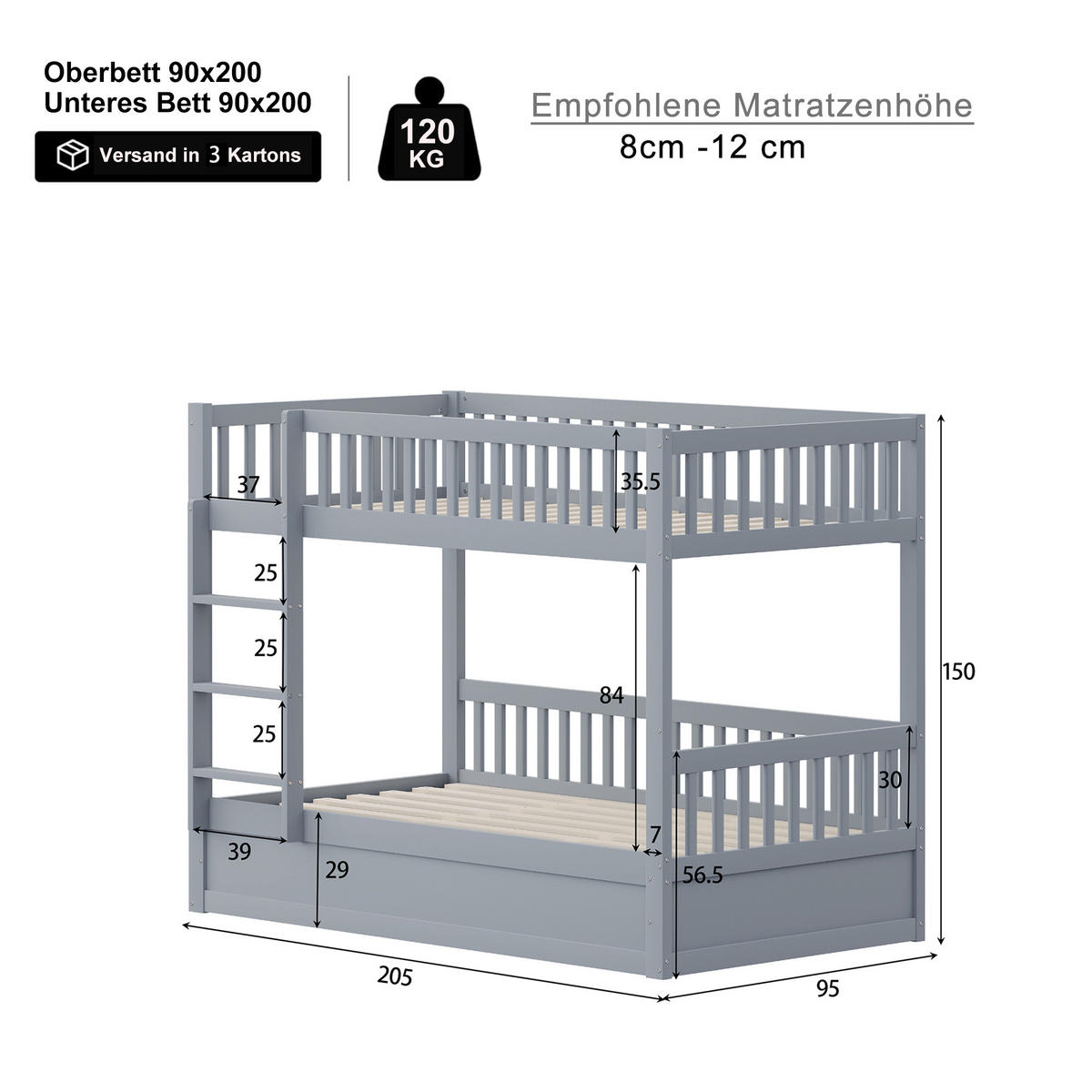 ETAGENBETT 90x200 cm aus Massivholz mit Hydraulik-Lagersystem - Grau - Grau, Holz (90/200cm) - KOMHTOM