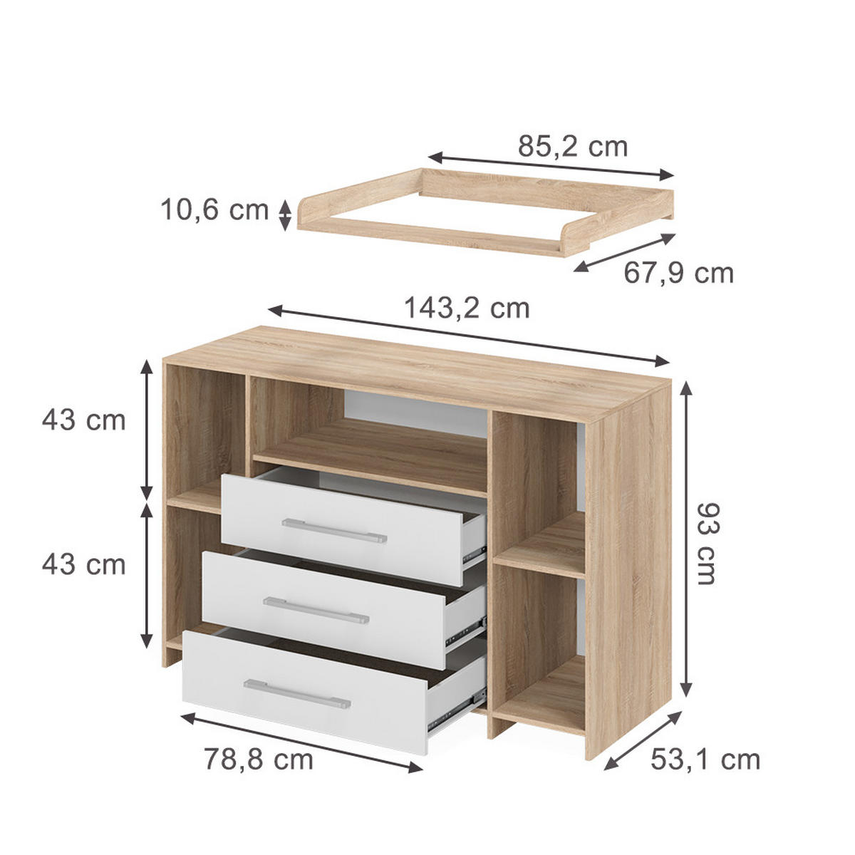 WICKELKOMMODE Oskar Weiß/Sonoma 143 x 100 cm XL mit Schubladen - Weiß/Sonoma Eiche, Holzwerkstoff (143/100/70cm) - Vicco