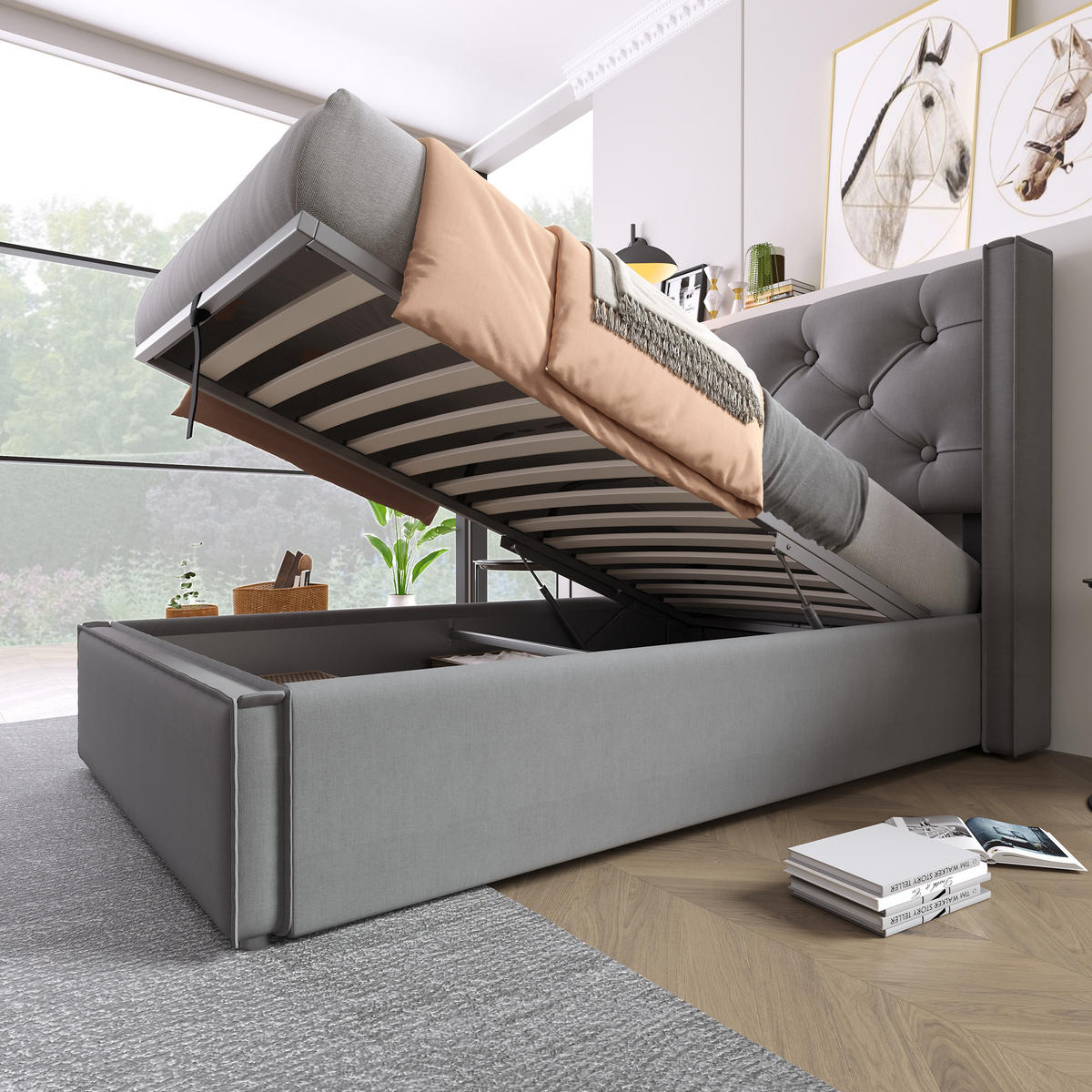 POLSTERBETT 90/200 cm Grau aus Baumwolle mit Stauraum und hochklappbarem Lattenrost - Grau, Textil (90/200cm) - OKWISH