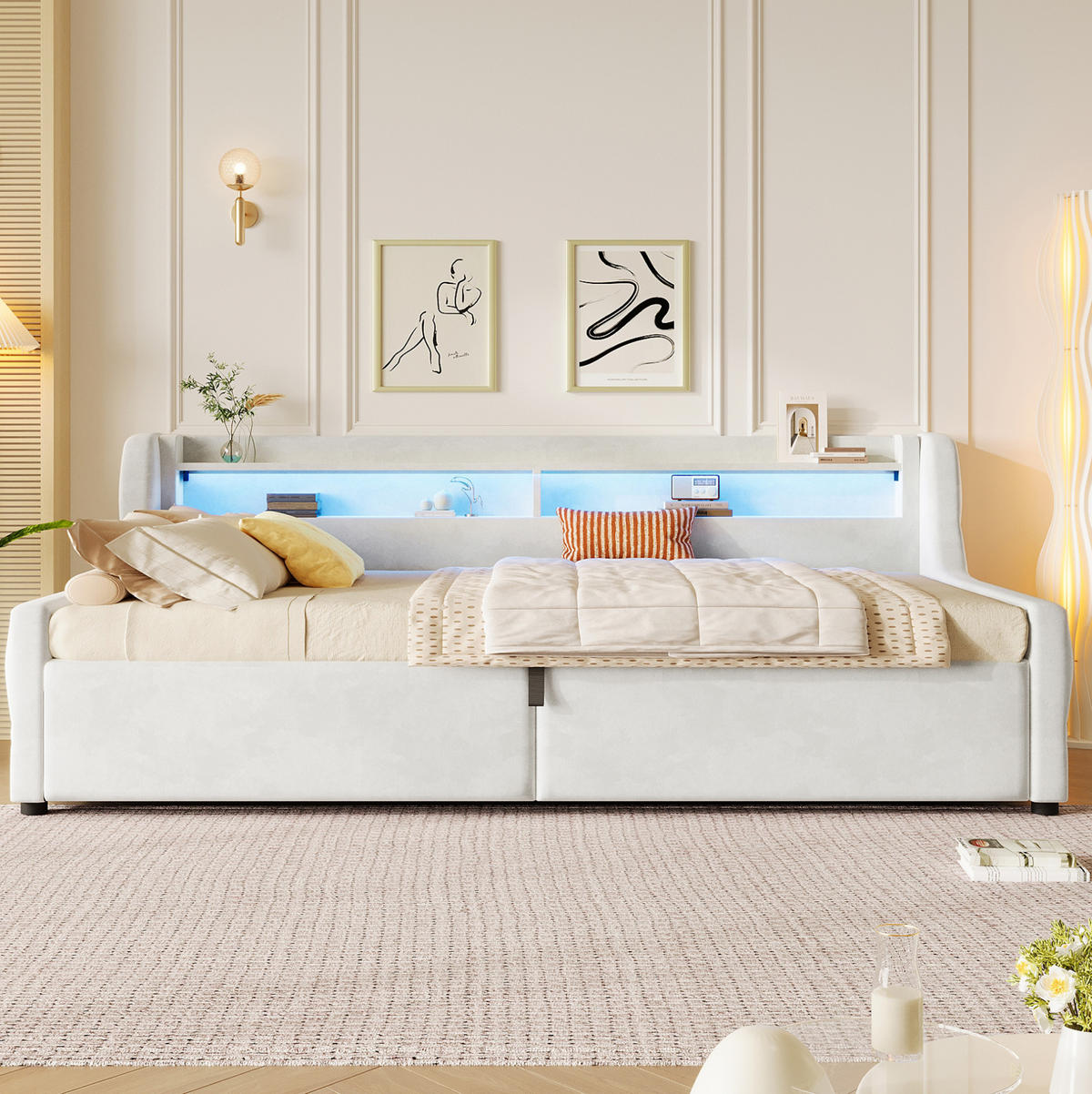 POLSTERBETT 90x200 cm in Off White mit LED-Kopfteil und hydraulischem Bettkasten - Creme, Textil (90/200cm) - IVMEU