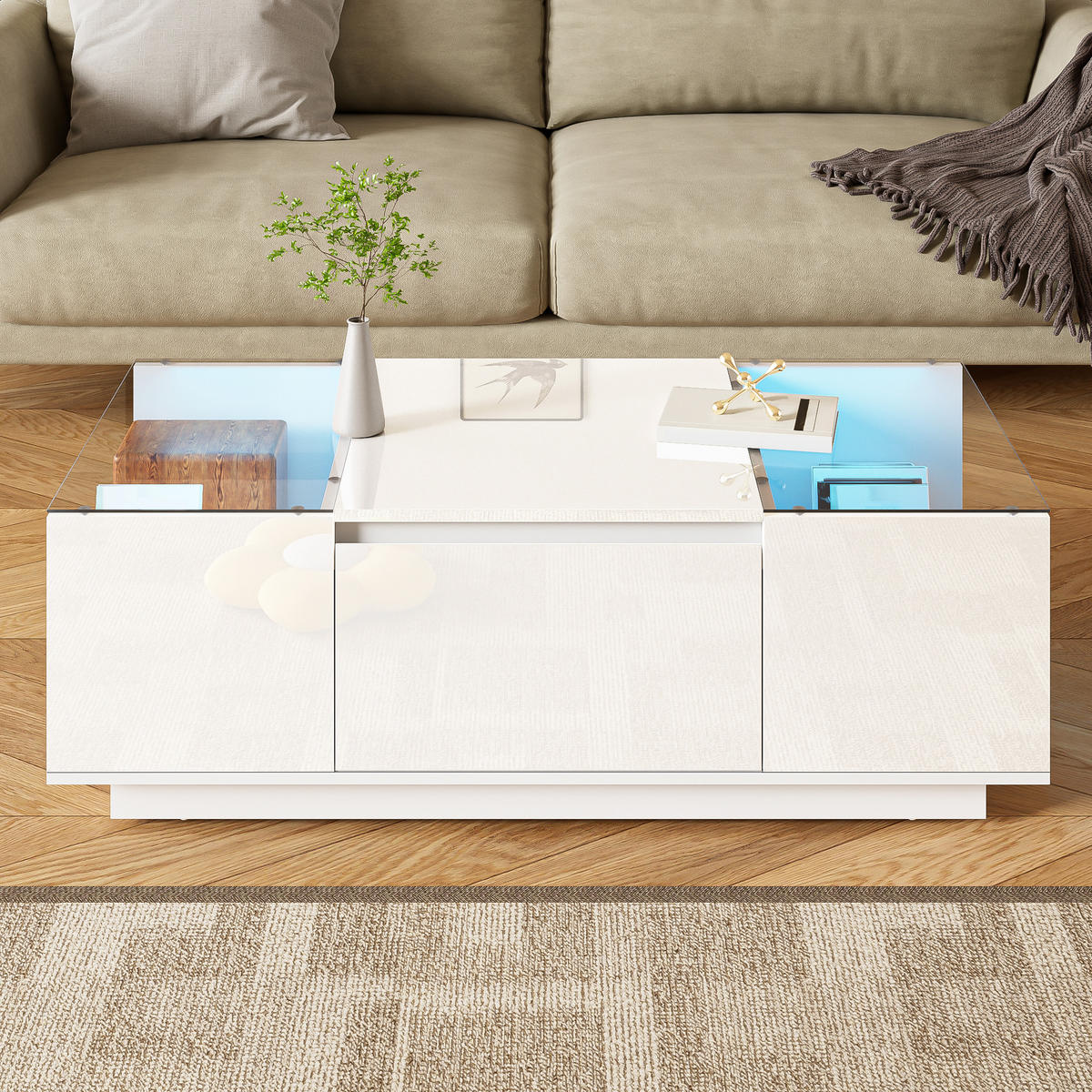 COUCHTISCH in Weiß mit LED-Beleuchtung und Schubladen für Wohnzimmer, B105/T50/H35 cm - Weiß, Glas/Holzwerkstoff (50/105/35cm) - STILVORA
