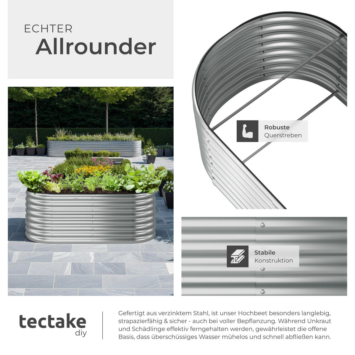 HOCHBEET Flormma,160 x 80 x 60 cm,silber - Silberfarben, Metall (160/60/80cm) - tectake