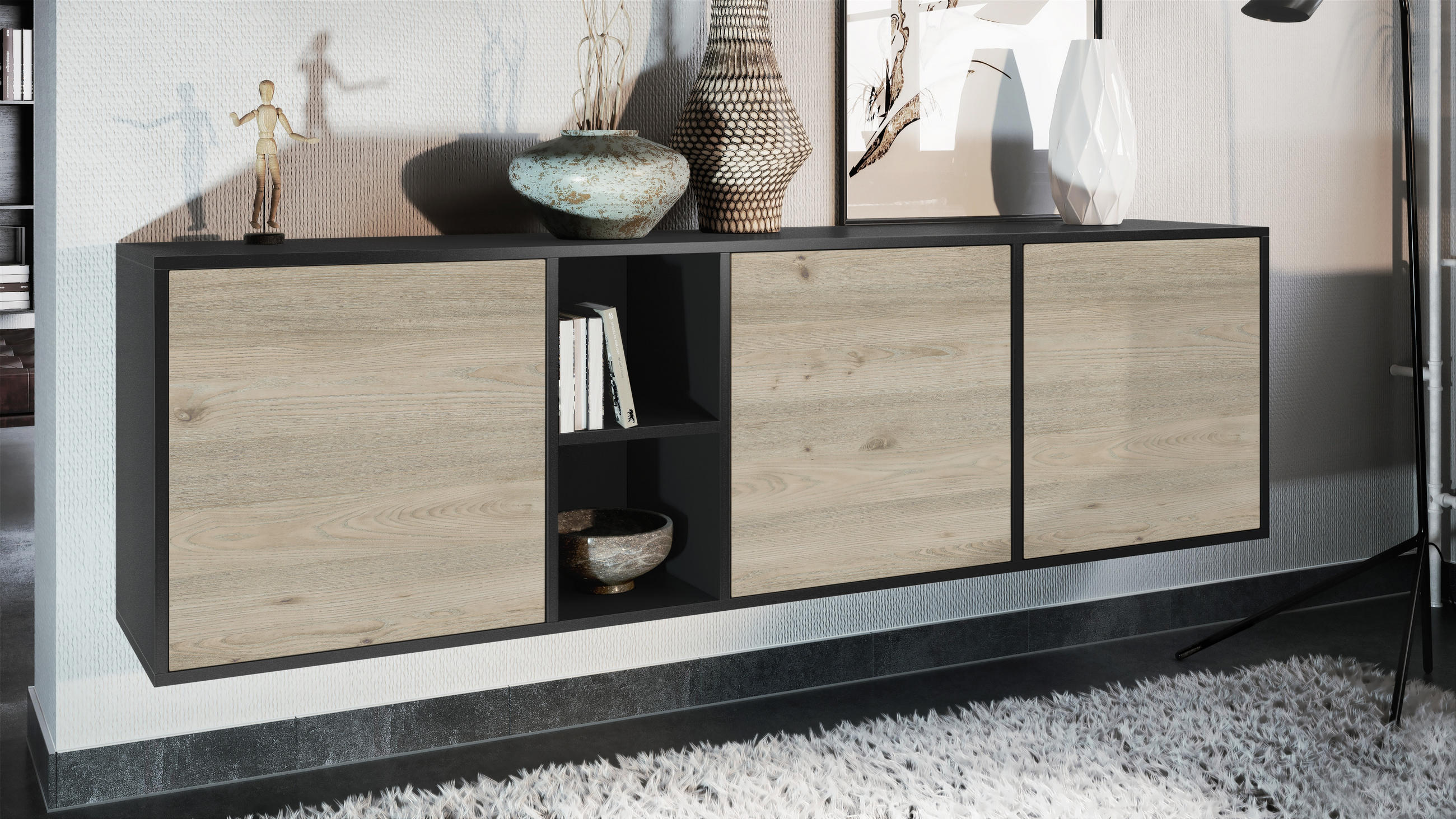 SIDEBOARD Cuba Türen in Eiche Nordic - Silbereichenfarben, Holzwerkstoff (182/53/35cm) - Vladon