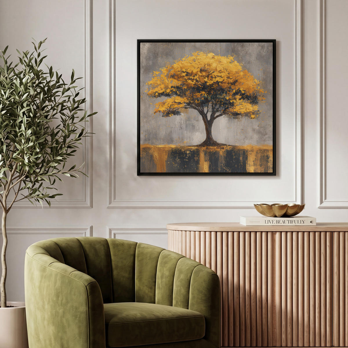 LEINWAND Bilder mit Rahmen - Baum - Blätter - Gold - Abstrakt - 50x50 - Grau, Textil (50/50cm) - MuchoWow
