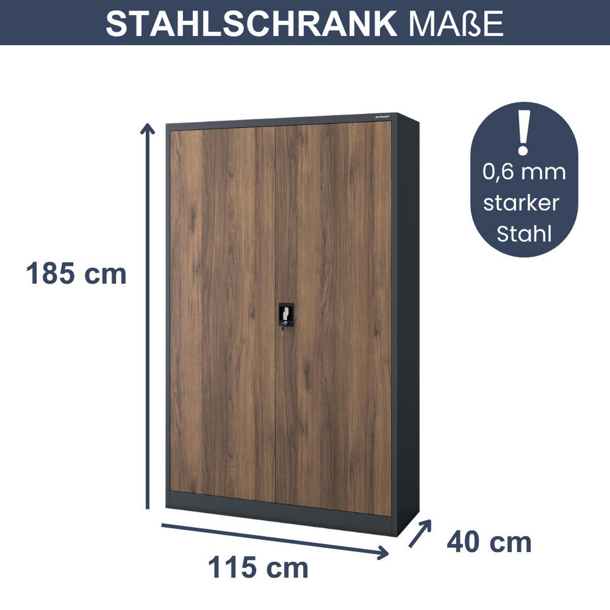 AKTENSCHRANK abschließbar KADO Flügeltüren 185x115x40cm Anthrazit-Nussbaum - Anthrazit, Metall (115/185/40cm) - DELUKE
