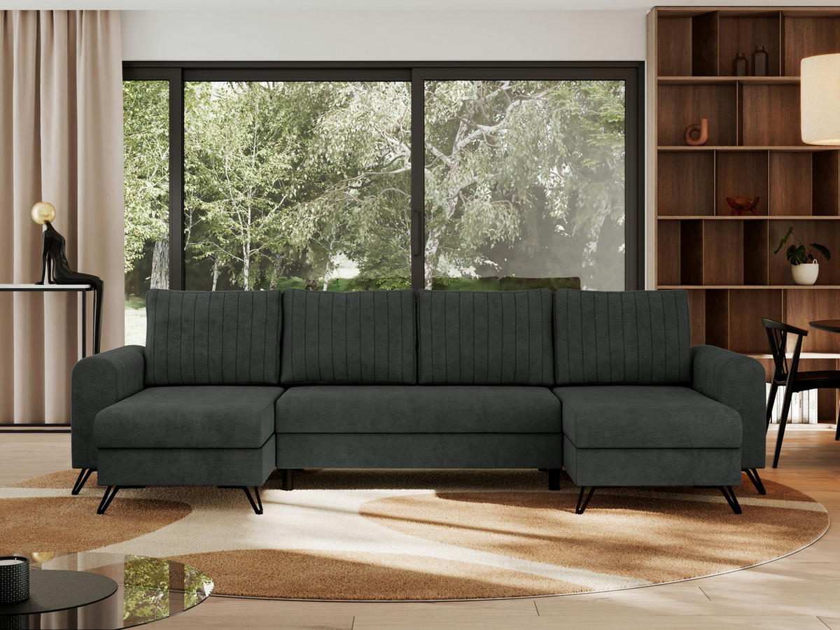 WOHNLANDSCHAFT AXEL U Struktur Dunkelgrau - Schwarz/Grau, Textil/Metall (312/90/140cm) - MKS