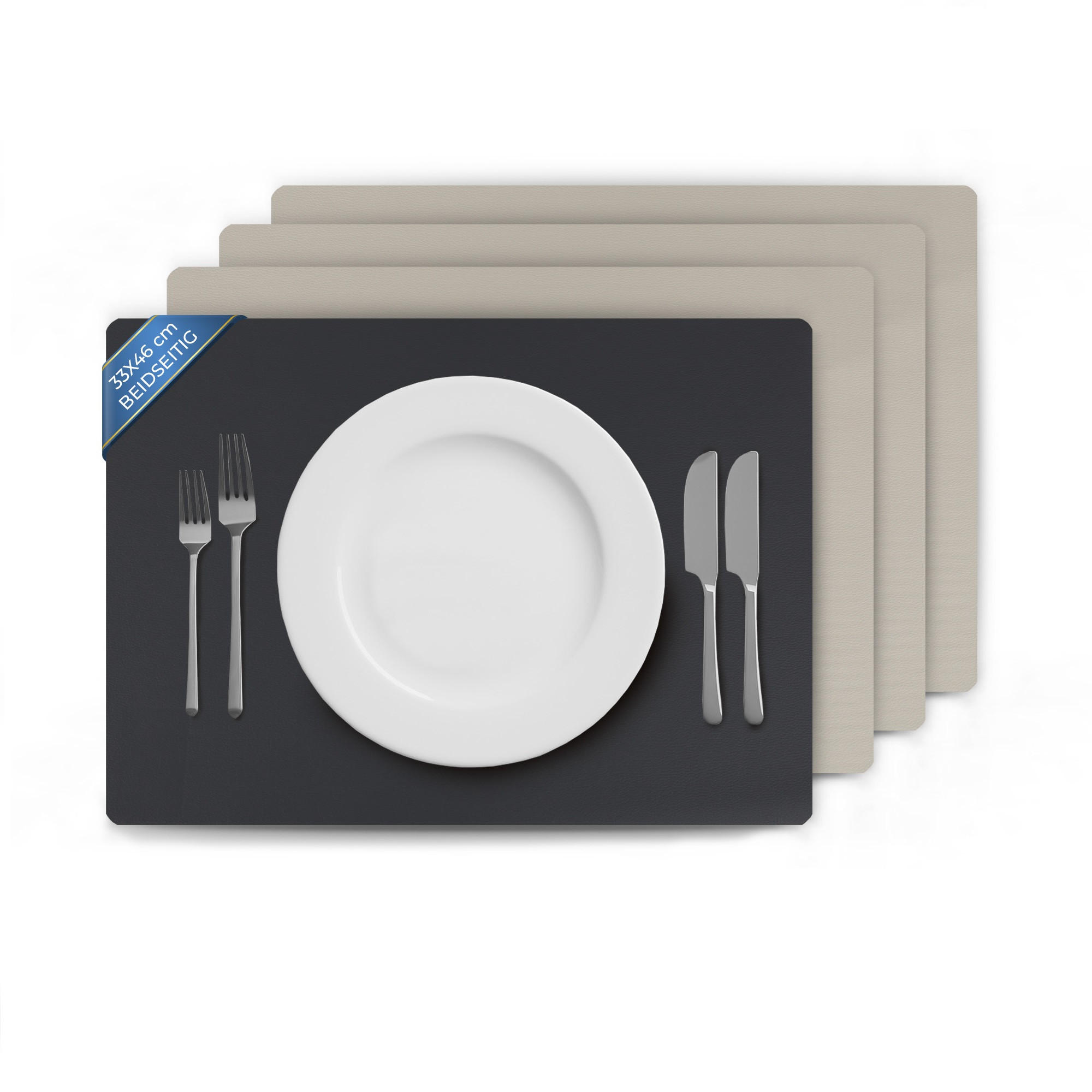 TISCHSET ( 4er Set ) abwischbares Lederimitat Platzdeckchen 46x33cm - Doppelseitiges Unifarben ( Schwarz / Hellgrau ) Kunstleder Platzset - Schwarz, Kunststoff (33/46cm) - Bestlivings