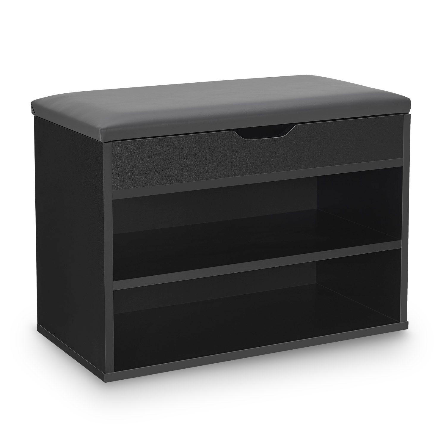 SCHUHREGAL schwarz mit Klappdeckel und gepolstertem Sitz 60 x 30 x 44 cm - Schwarz, Holz (30/44/60cm) - Juskys