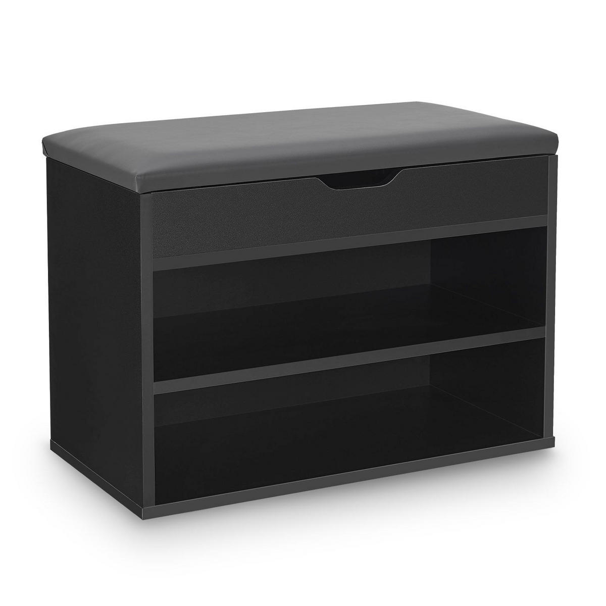 SCHUHREGAL schwarz mit Klappdeckel und gepolstertem Sitz 60 x 30 x 44 cm - Schwarz, Holz (30/44/60cm) - Juskys
