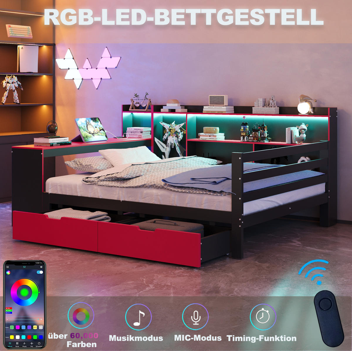 MULTIFUNKČNÁ posteľ 140/200 cm čierna s červenou z dreva s písacím stolom policami zásuvkami LED osvetlením a USB - čierna, kompozitné drevo (140/200cm) - OKWISH