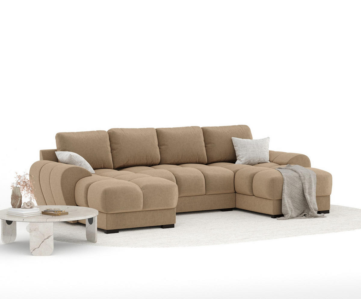 WOHNLANDSCHAFT Peebles Beige Samtstoff - Beige/Schwarz, Holz/Holzwerkstoff (330/90/175cm) - Maison de Reve