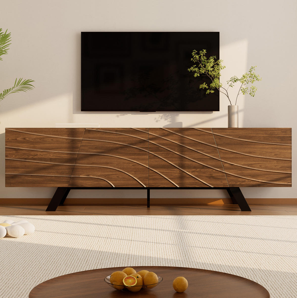 LOWBOARD aus MDF 160x39x50,5 cm Walnussfarben mit Kabelmanagement und Stauraum, Wellenfront - Walnussfarben, Holzwerkstoff (160/50.5/39cm) - Modfu
