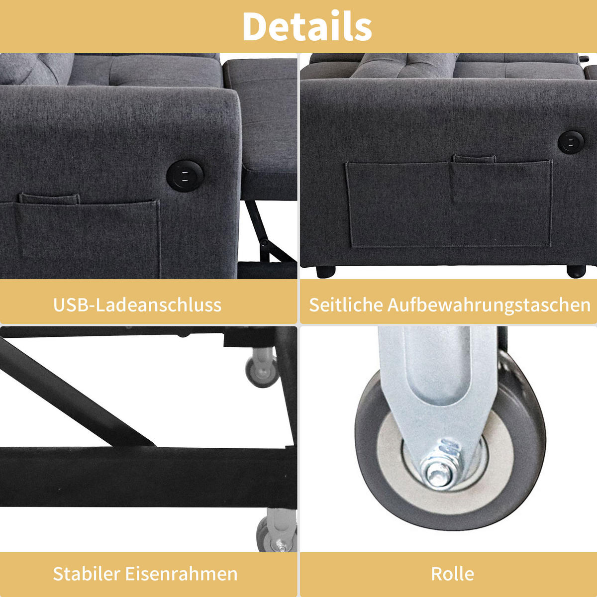 SCHLAFSOFA 3-in-1 Baumwoll-Leinen mit verstellbarer Rückenlehne und USB-Anschluss Grau 142/85/83 cm - Grau, Textil (85/83/142cm) - Redom