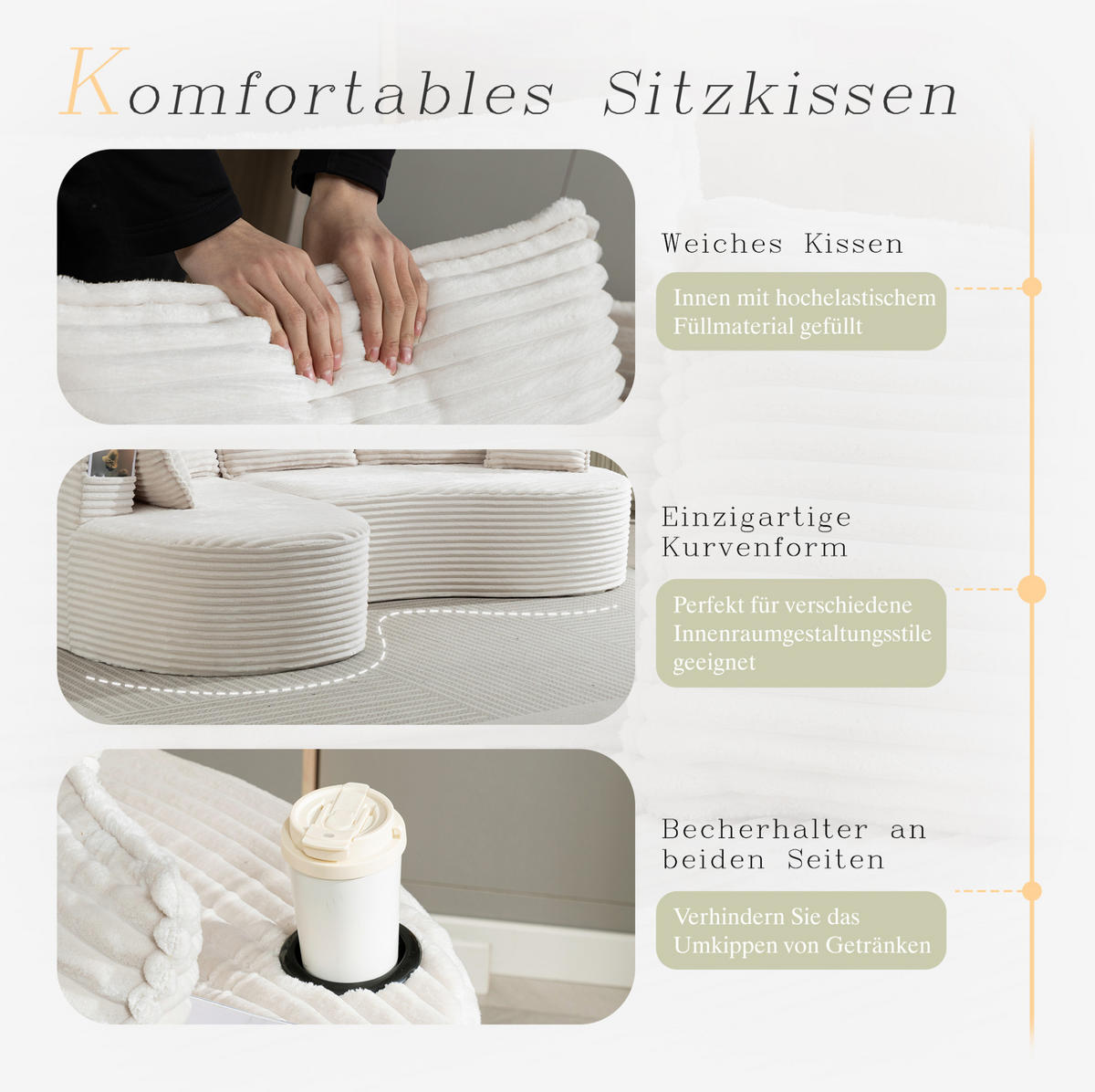 ECKSOFA aus Cord 250x152x82 cm Beige mit Getränkehaltern, Seitentaschen und Kissen im Bogendesign - Beige, Textil (250/152cm) - Modfu