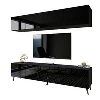 WOHNWÄNDE AURA PUSH-OPEN Schwarz Hochglanz mit LED-Beleuchtung – Füße in Schwarz - Schwarz Hochglanz/Schwarz, Holzwerkstoff (200/49/40cm) - Lookway