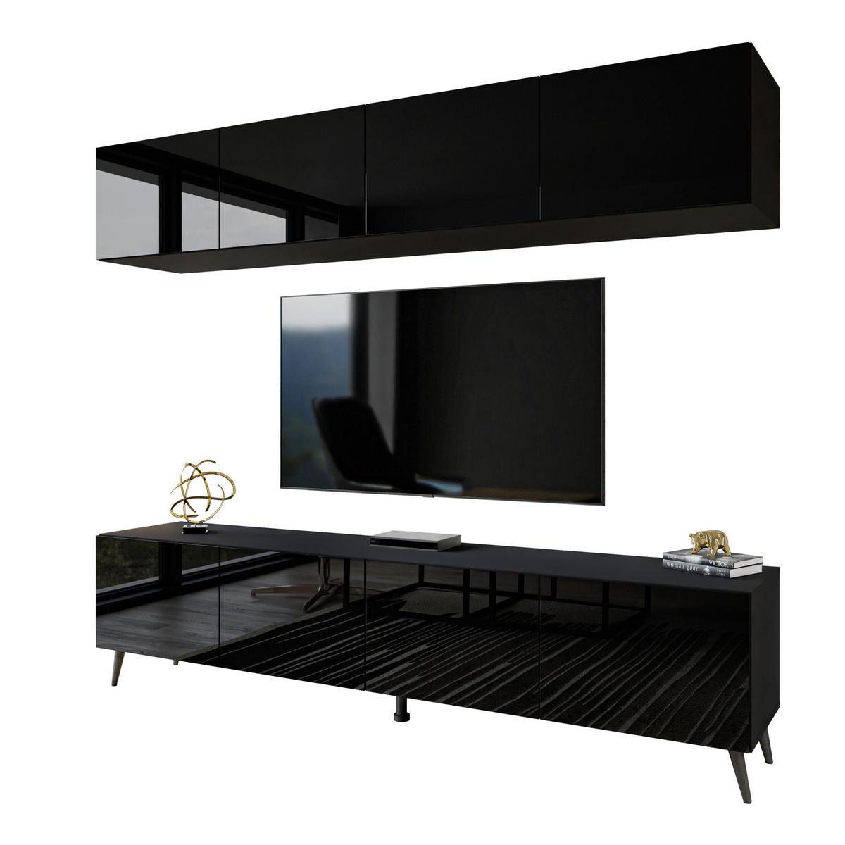 WOHNWÄNDE AURA PUSH-OPEN Schwarz Hochglanz mit LED-Beleuchtung – Füße in Schwarz - Schwarz Hochglanz/Schwarz, Holzwerkstoff (200/49/40cm) - Lookway