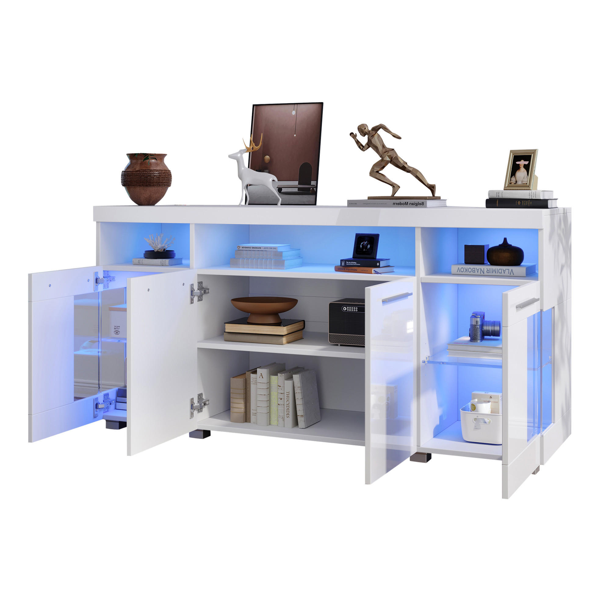 SIDEBOARD 140/40/70 cm aus MDF und gehärtetem Glas mit LED-Beleuchtung Weiß - Weiß, Holzwerkstoff (140/70/40cm) - Modenvie