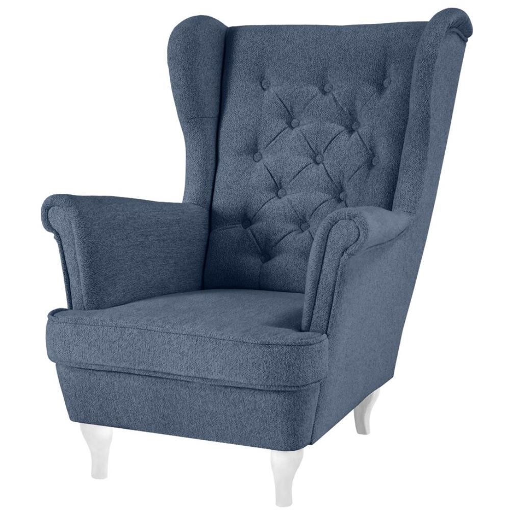 CHESTERFIELD-SESSEL Falco dunkelblau mit Weiß Holzbeinen - Weiß/Dunkelblau, Holz/Textil (82/102/92cm) - Beautysofa