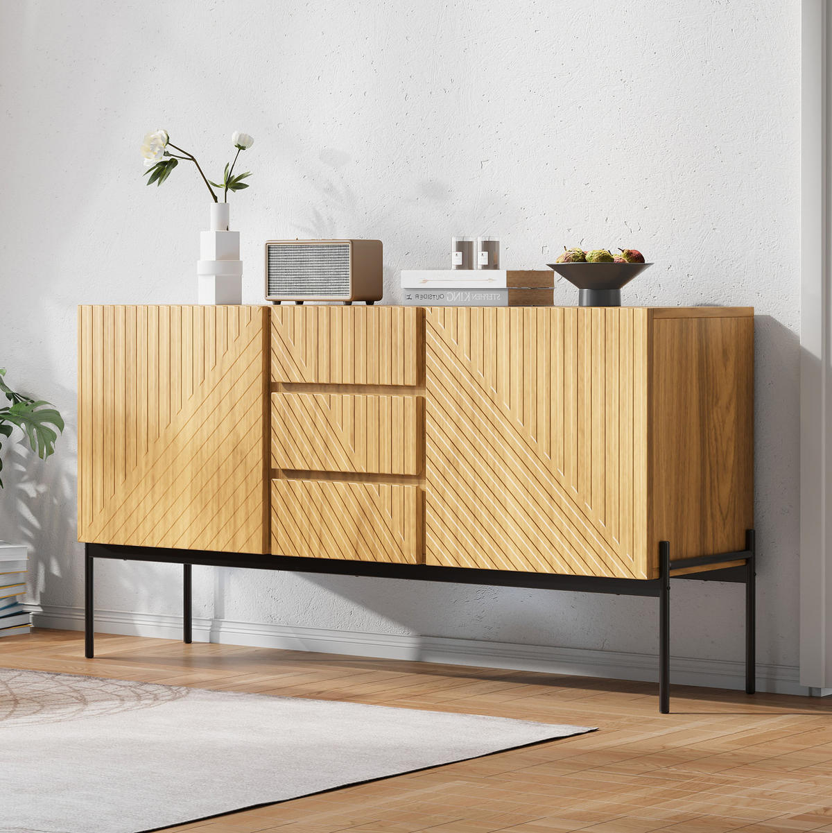 SIDEBOARD 140/40/75 cm in Natural mit 2 Türen, 3 Schubladen und Metallbeinen - Naturfarben, Holzwerkstoff (140/75/40cm) - Flora Grace