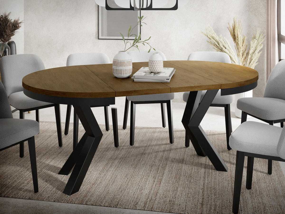 ESSTISCH Clara runder ausziehbarer, Lefkas Eiche 100-180/100/76 cm - Alteiche/Schwarz, Holzwerkstoff/Metall (100/100/76cm) - WFL GROUP