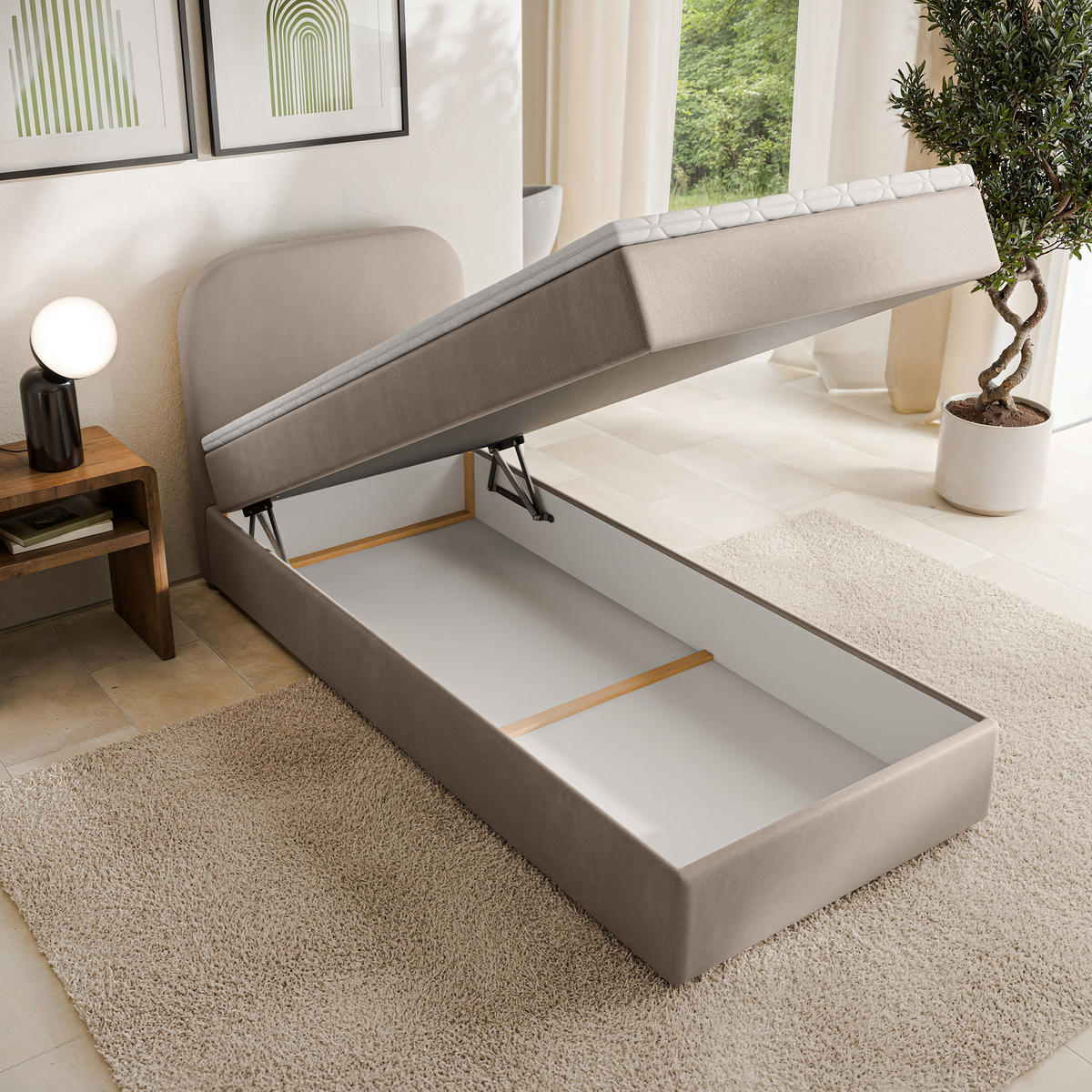 BOXBETT CERIA 80x200 cm mit Matratze und Topper - Beige - Beige, Holz/Textil (80/200cm) - MASSENO