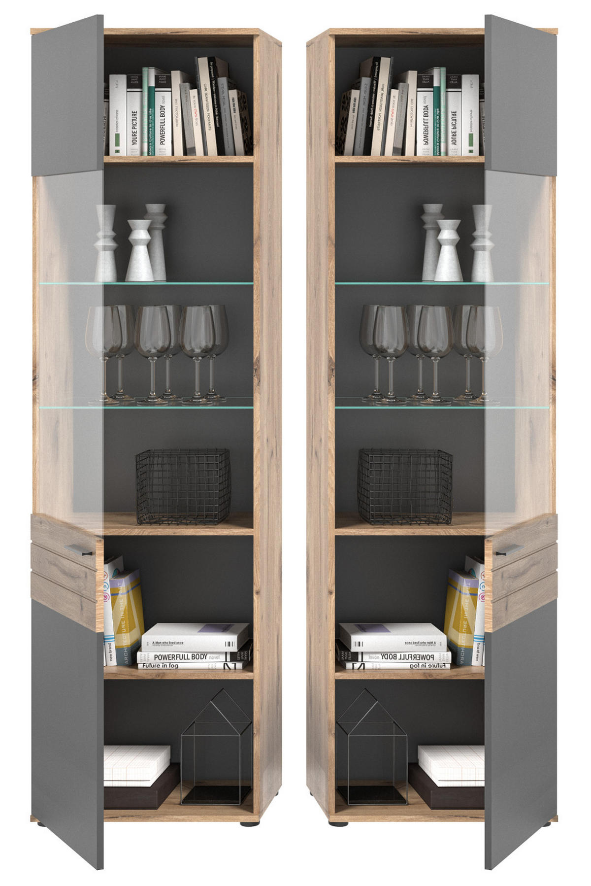 VITRINE Eiche, grau 57x200 cm mit Soft-Close, Wohn- und Esszimmer Vitrinenschrank - Eichefarben/Schwarz, Glas/Holzwerkstoff (57/200/37cm) - Inn.Furn