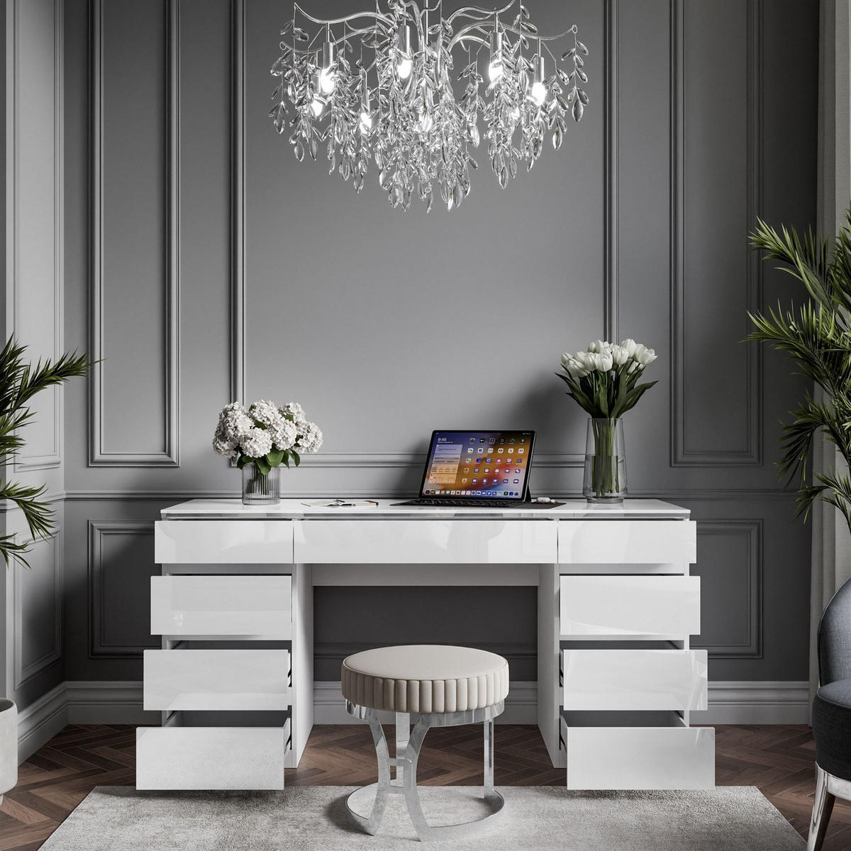 SCHREIBTISCH AURORA DOUBLE SILVER mit Schubladen - Weiß, Holzwerkstoff (55/156.8/79.2cm) - Lookway
