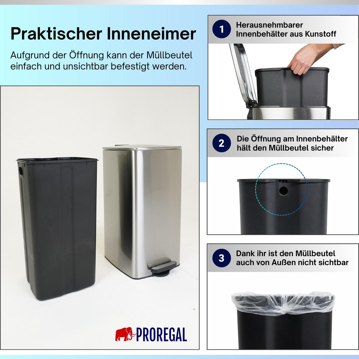 MÜLLEIMER 30 Liter mit Softclose & Fußpedal - Silberfarben, Metall (32.7/59.5/38cm) - PROREGAL