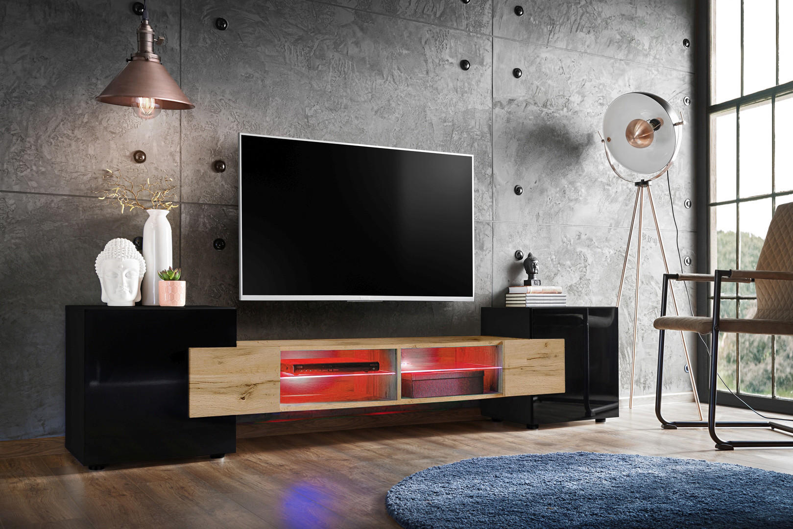 LOWBOARD MERANO Black, LED Beleuchtung Mehrfarbige - Eiche Wotan/Schwarz, Glas/Holzwerkstoff (230/52.5/35cm) - Komodee