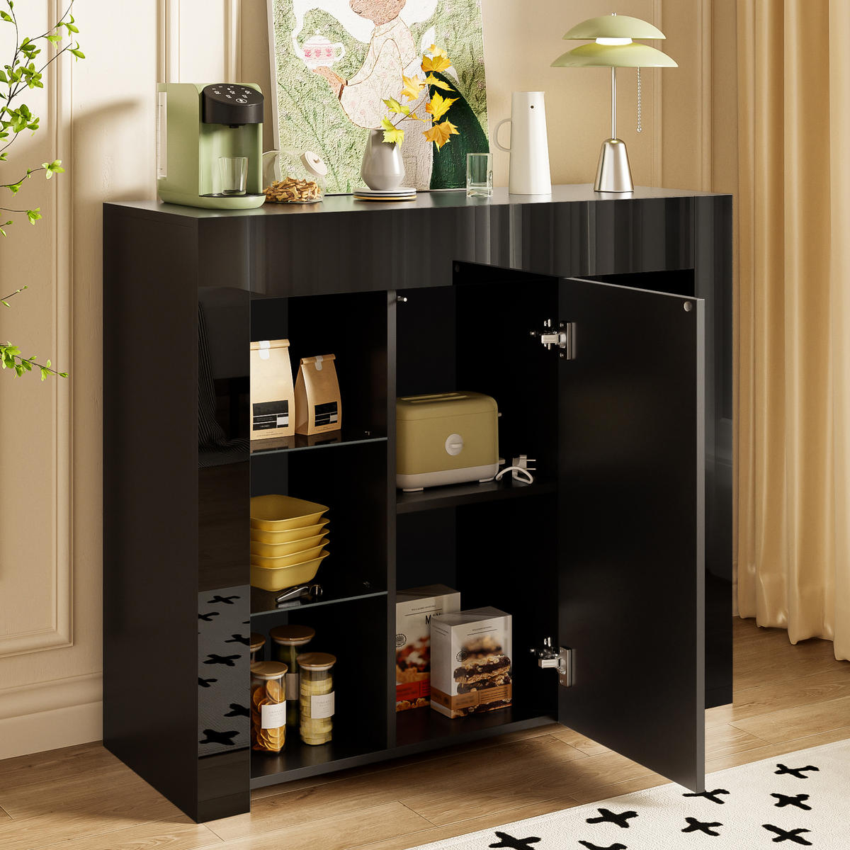 SIDEBOARD, 95/35/83 cm, černý, z dřevotřísky, s vysokým leskem a skleněnými policemi - černá, kompozitní dřevo (95/83/35cm) - BEAOK