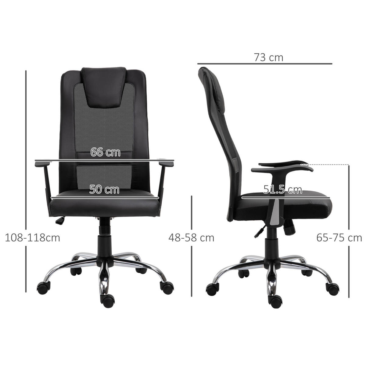 BÜROSTUHL ergonomisch höhenverstellbar Kunstleder Schwarz - Schwarz, Metall (73/118/66cm) - Meubliv