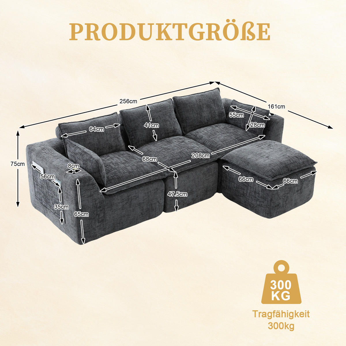 SOFA modulares 3-Sitzer mit Hocker 256 x 161 cm Chenille Dark Gray - Dunkelgrau, Holzwerkstoff (161/256cm) - Meubliv