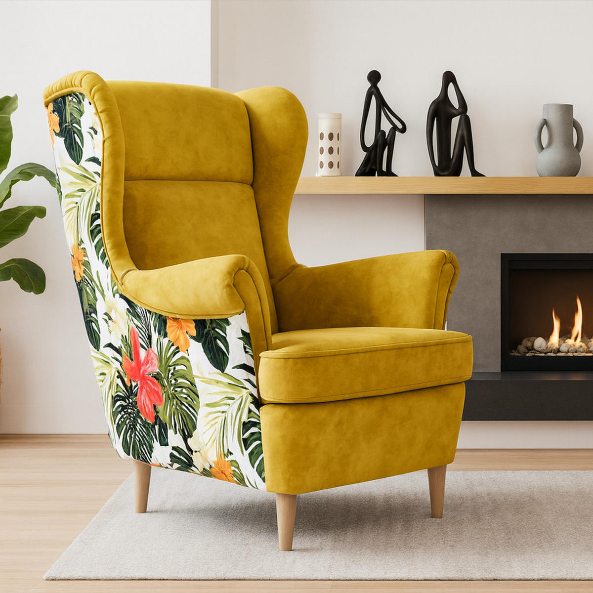 OHRENSESSEL Havana im skandinavischen Stil, Gelb - Gelb/Buchefarben, Holzwerkstoff (82/102/92cm) - Beautysofa