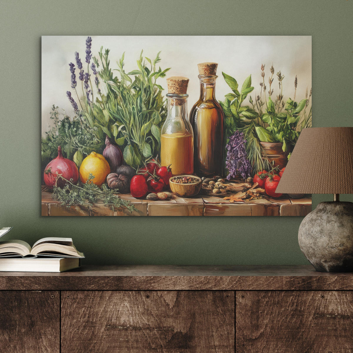 AKUSTIKBILD Stilleben - Kräuter - Gewürze - Früchte - Farbenfroh Wanddeko 70x50 cm - Grün, Kunststoff (70/50/0.9cm) - MuchoWow