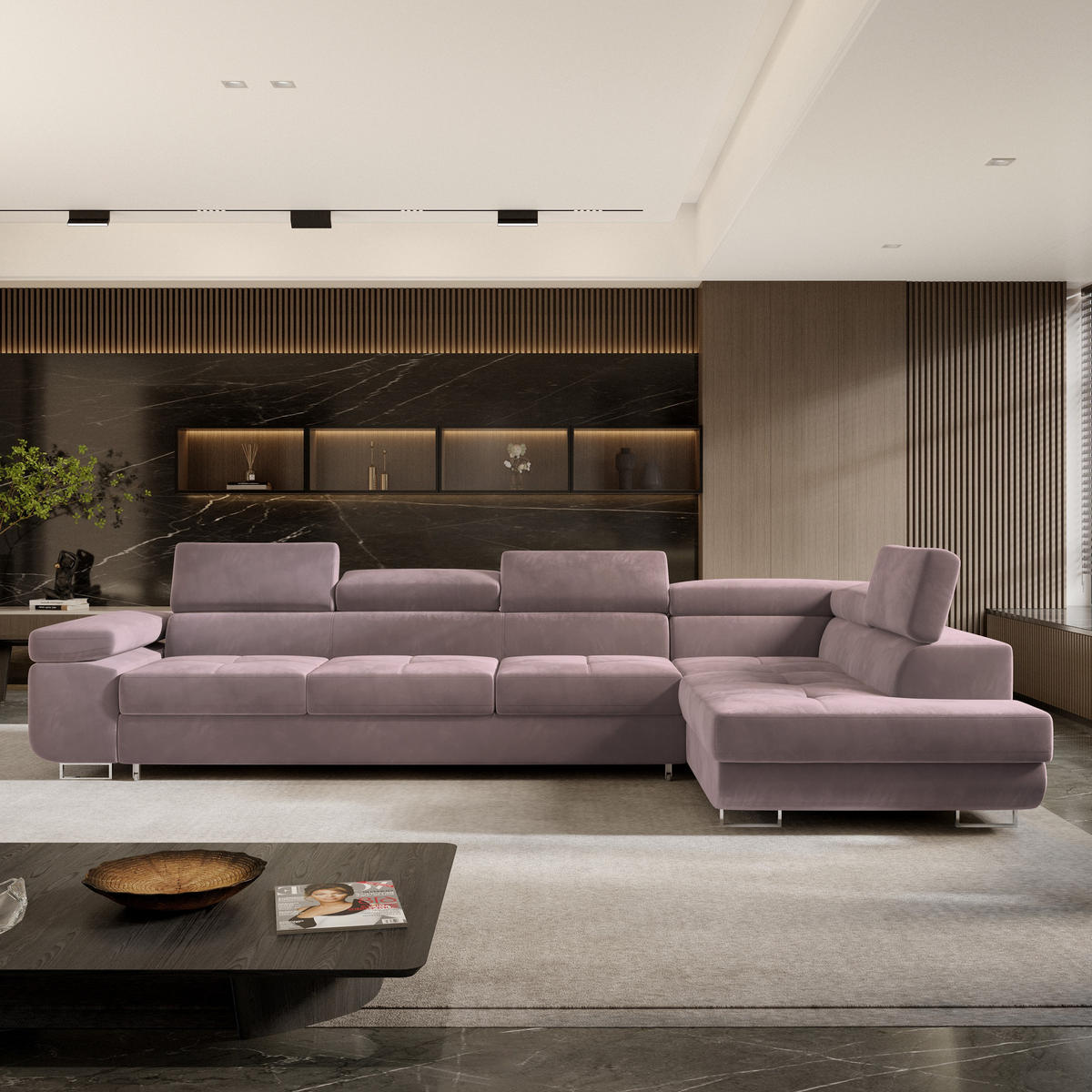 ECKSOFA VICENTE Lila Velours-Stoff mit Schlaffunktion - Lila, Holz (346/202cm) - MASSENO