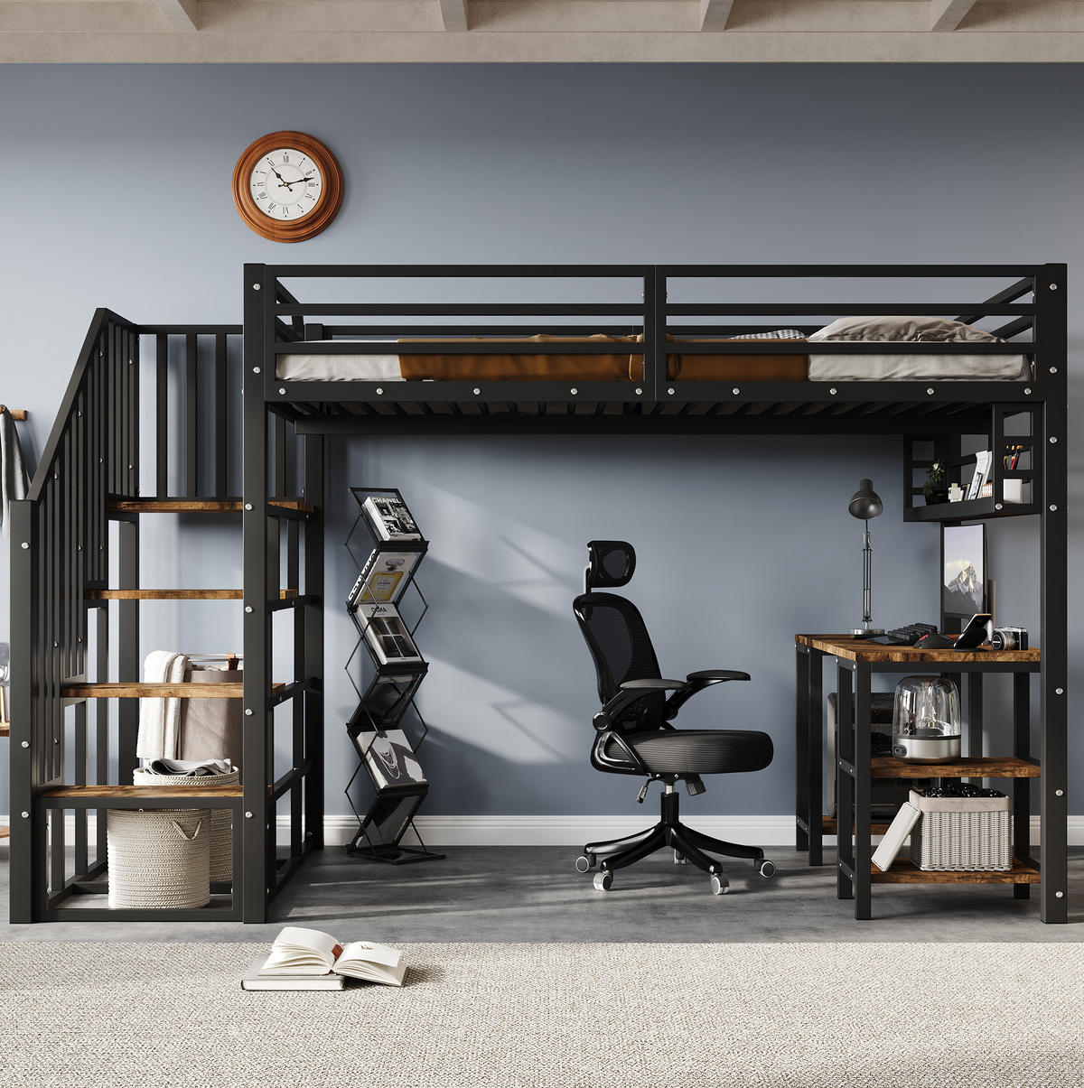 HOCHBETT 120/200 cm aus Metall und Holzwerkstoff mit Schreibtisch und Regal Schwarz/Dunkelwalnuss - Schwarz, Metall (120/200cm) - Modenvie